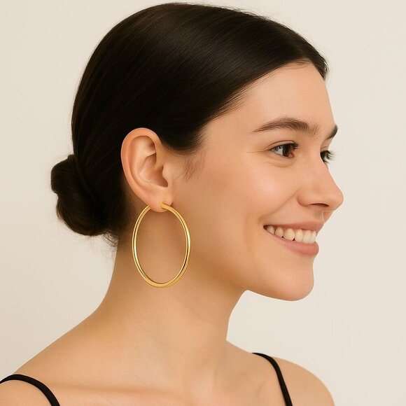 ZARA Minimalist Gold Tone Hoop Earrings – Classic Everyday Hoops 2¼” - Picture 6 of 6
